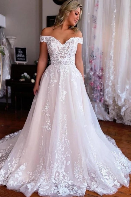 Vestido de novia elegante, largo, blanco, de corte A, sin mangas, con hombros descubiertos y encaje