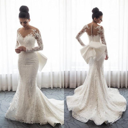 Schickes Meerjungfrau-Brautkleid mit langen Ärmeln und abnehmbarer Schleppe