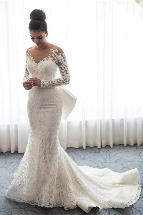 Vestido de novia elegante de sirena con encaje, mangas largas y cola desmontable