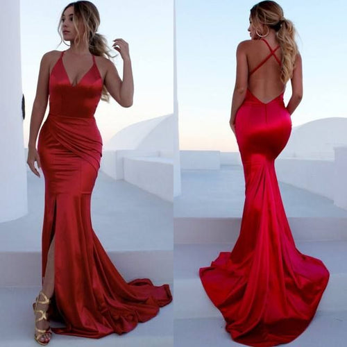 Vestido de fiesta largo elegante de sirena con escote en V, espalda descubierta y abertura