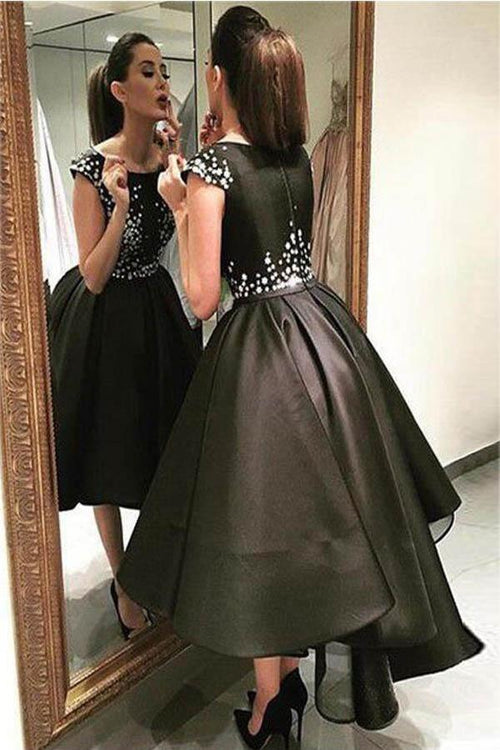 Vestido de fiesta elegante, moderno, con cuentas brillantes, de organza negra, corte asimétrico, PG178