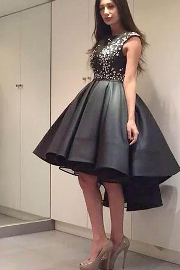 Schickes, modernes, funkelndes, perlenbesetztes High-Low-Abendkleid aus schwarzem Organza PG178