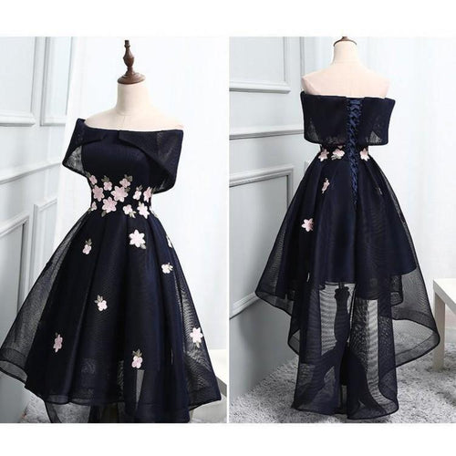 Vestido de fiesta elegante, corto, alto-bajo, con apliques y hombros descubiertos PD250