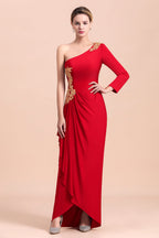 Elegante vestido de madre de la novia con volantes, mangas largas y un solo hombro con apliques