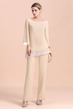 Elegante mono de gasa color champán con cuello redondo para madre de la novia online