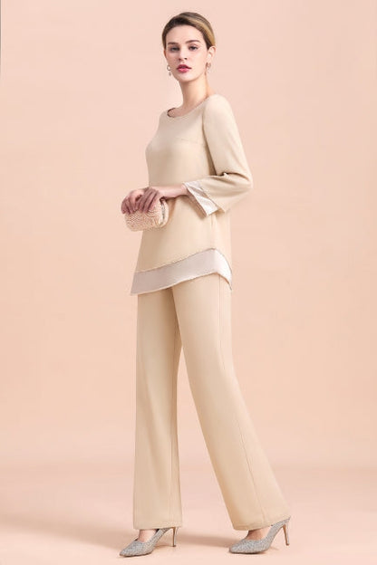 Chic Round-Neck Champagne Chiffon Mother of Bride Jumpsuit Online
