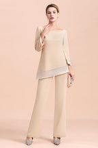 Elegante mono de gasa color champán con cuello redondo para madre de la novia online