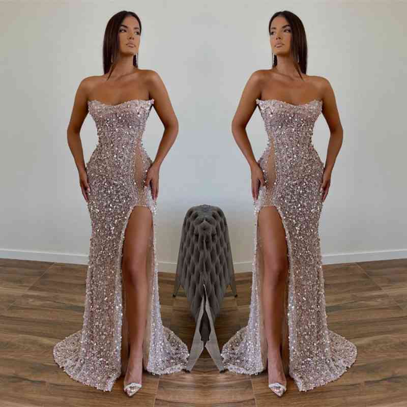 Elegante vestido de fiesta de lentejuelas, largo hasta el suelo, sin tirantes, corte A y abertura frontal