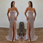 Elegante vestido de fiesta de lentejuelas, largo hasta el suelo, sin tirantes, corte A y abertura frontal