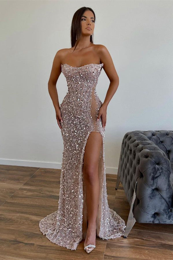 Elegante vestido de fiesta de lentejuelas, largo hasta el suelo, sin tirantes, corte A y abertura frontal