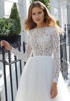 Vestido de novia elegante, corto, corte A, de tul, con encaje joya y mangas