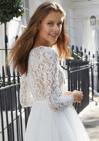 Vestido de novia elegante, corto, corte A, de tul, con encaje joya y mangas