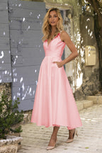 Elegante vestido de fiesta formal de satén con escote en V, espalda descubierta y bolsillos, corto y elegante.