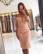 Vestido de fiesta elegante de sirena, corto, con hombros descubiertos, de encaje y mangas