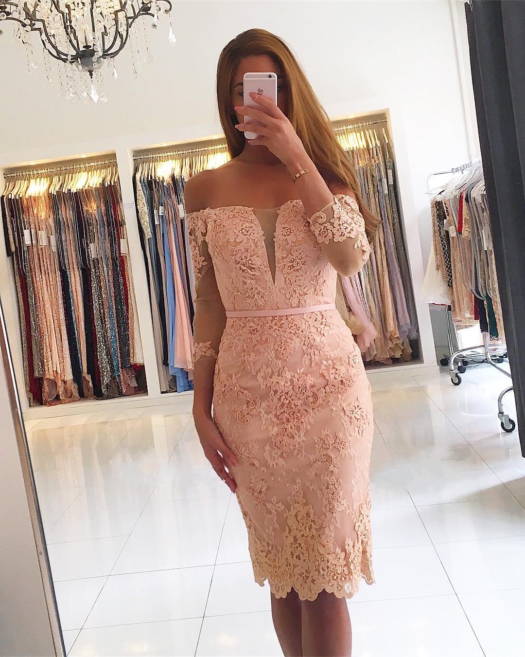 Vestido de fiesta elegante de sirena, corto, con hombros descubiertos, de encaje y mangas