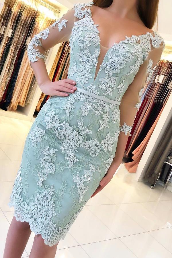 Vestido de fiesta elegante de sirena, corto, con hombros descubiertos, de encaje y mangas