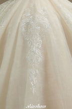 Vestido de novia elegante de manga corta con apliques de encaje de tul para primavera y jardín.