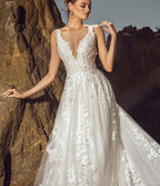 Vestido de novia elegante sin mangas con escote en V, corte A, de tul, con apliques de encaje y bolsillos.