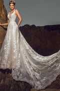Vestido de novia elegante sin mangas con escote en V, corte A, de tul, con apliques de encaje y bolsillos.