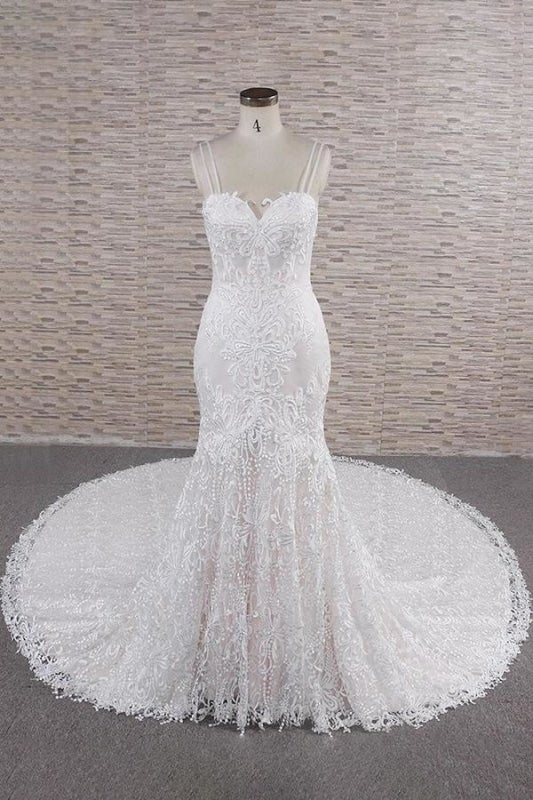 Chic Spaghetti Strap Appliques Mermaid Elegant Wedding Dresses