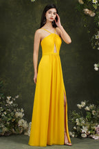 Vestido de dama de honor elegante con tirantes finos, corte halter, largo hasta el suelo, abertura y bolsillos