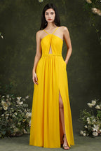 Vestido de dama de honor elegante con tirantes finos, corte halter, largo hasta el suelo, abertura y bolsillos