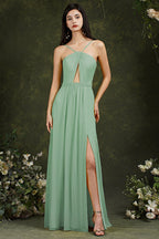 Vestido de dama de honor elegante con tirantes finos, corte halter, largo hasta el suelo, abertura y bolsillos