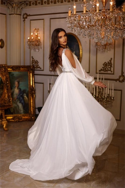 Elegantes vestidos de novia de verano de gasa con escote en V y mangas largas
