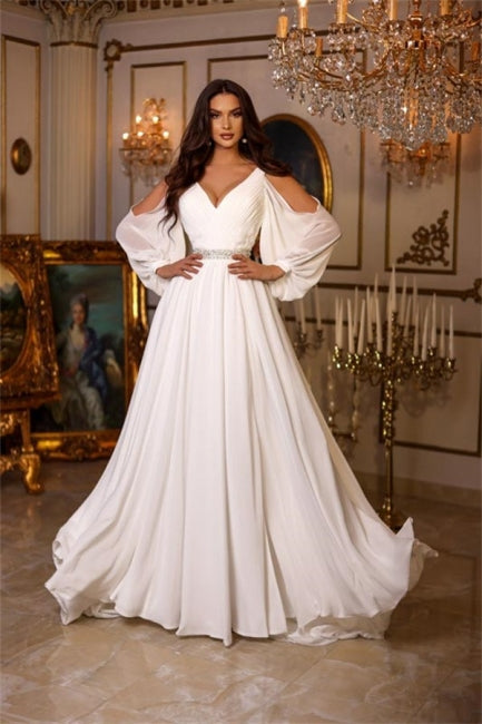 Elegantes vestidos de novia de verano de gasa con escote en V y mangas largas