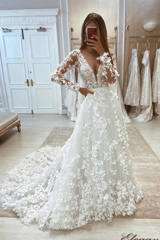 Schickes V-Ausschnitt A-Linie Spitze Lange Ärmel Bodenlanges Brautkleid