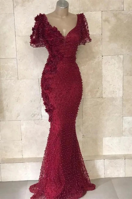 Vestido de fiesta elegante de sirena con escote en V y flores
