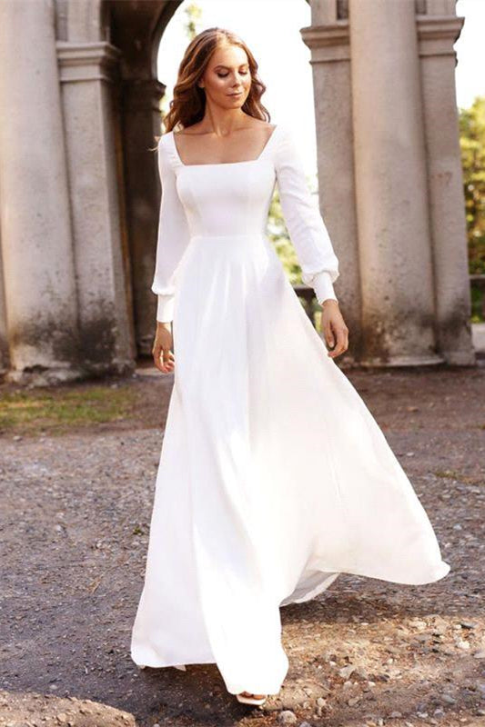 Chic Weiß Satin Lange Ärmel A-Linie Brautkleider Lange 