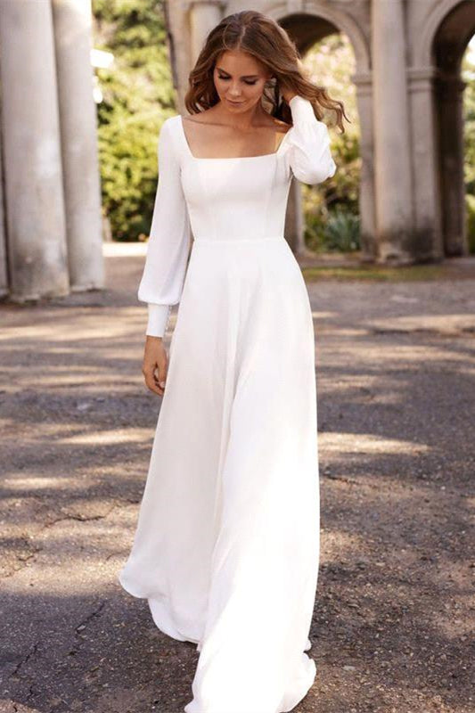 Chic Weiß Satin Lange Ärmel A-Linie Brautkleider Lange 