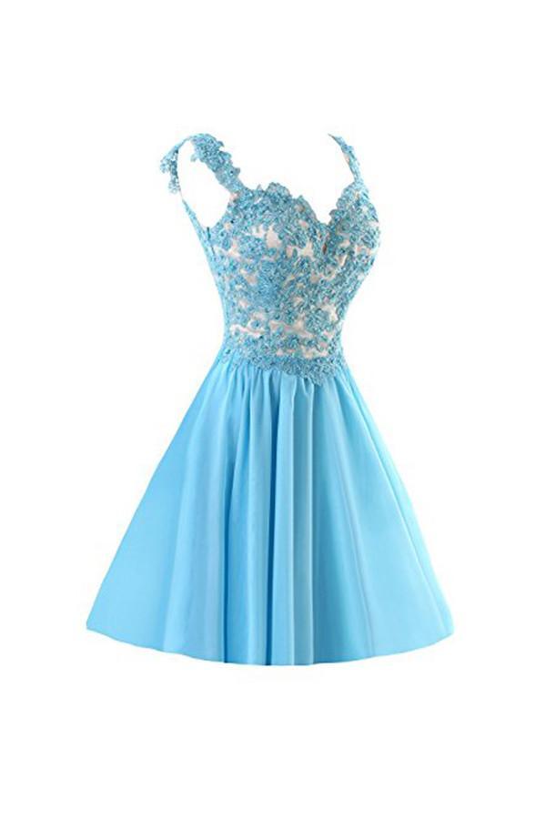 Vestidos de fiesta cortos de gasa con apliques y tirantes PG091