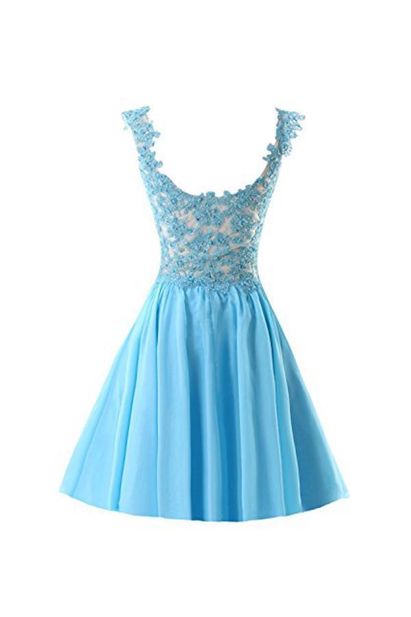 Vestidos de fiesta cortos de gasa con apliques y tirantes PG091