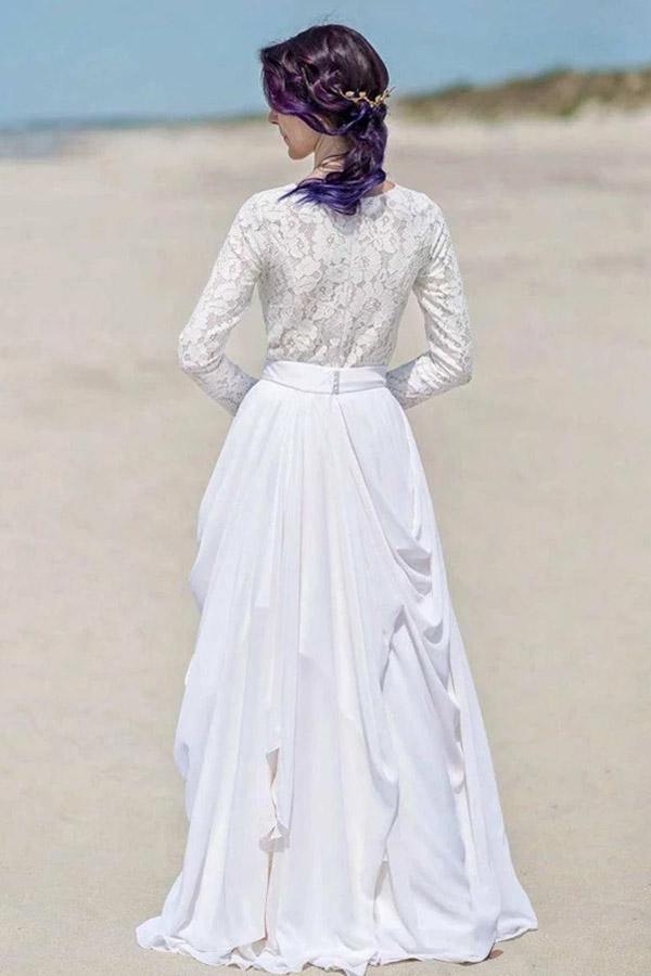 Vestido de novia/boda playera de gasa con encaje, manga larga, blanco y cremallera WD451