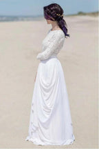 Vestido de novia/boda playera de gasa con encaje, manga larga, blanco y cremallera WD451