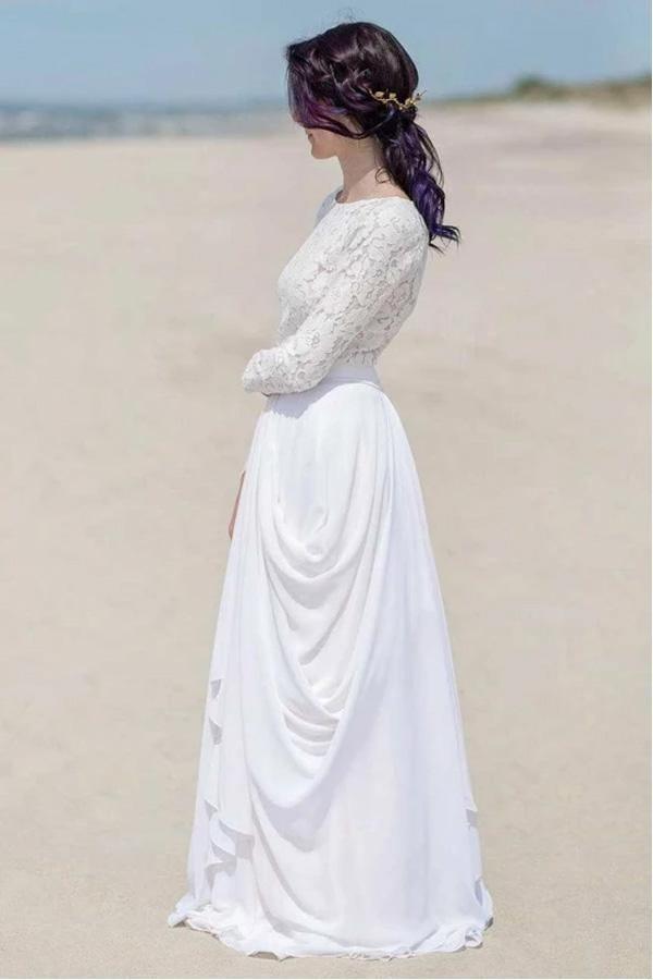 Vestido de novia/boda playera de gasa con encaje, manga larga, blanco y cremallera WD451