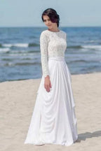 Vestido de novia/boda playera de gasa con encaje, manga larga, blanco y cremallera WD451
