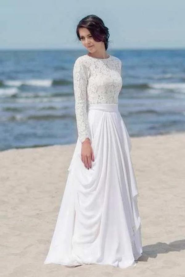 Vestido de novia/boda playera de gasa con encaje, manga larga, blanco y cremallera WD451