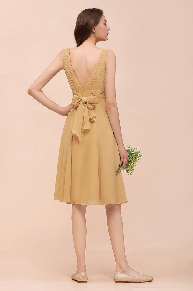 Vestido mini dorado de dama de honor de gasa, vestido informal diario, sin mangas, cuello en V