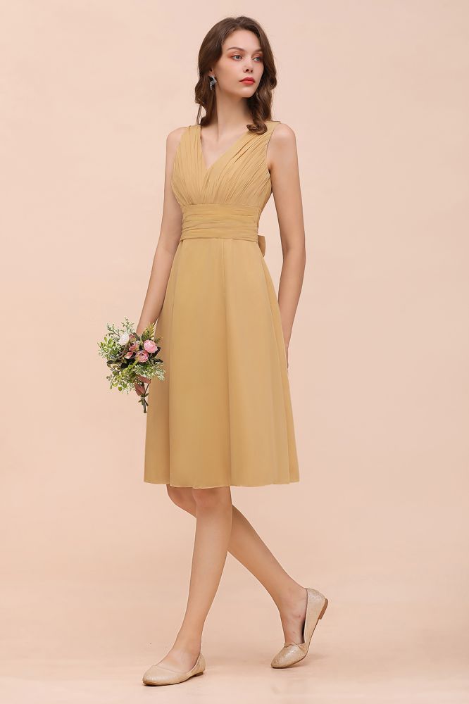 Vestido mini dorado de dama de honor de gasa, vestido informal diario, sin mangas, cuello en V