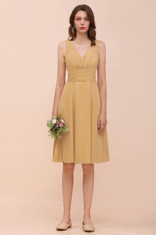Vestido mini dorado de dama de honor de gasa, vestido informal diario, sin mangas, cuello en V