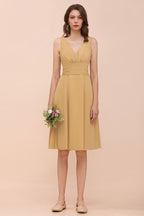 Vestido mini dorado de dama de honor de gasa, vestido informal diario, sin mangas, cuello en V