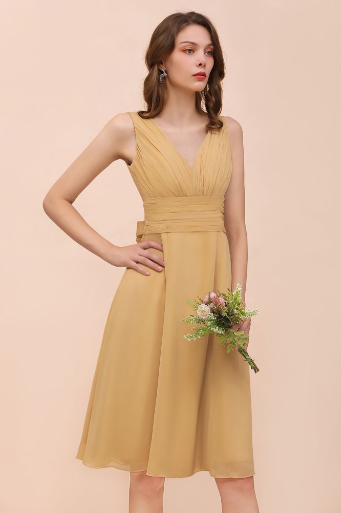 Vestido mini dorado de dama de honor de gasa, vestido informal diario, sin mangas, cuello en V