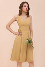 Vestido mini dorado de dama de honor de gasa, vestido informal diario, sin mangas, cuello en V