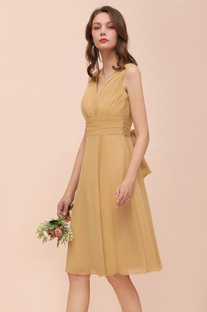 Vestido mini dorado de dama de honor de gasa, vestido informal diario, sin mangas, cuello en V