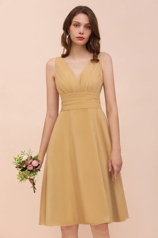 Vestido mini dorado de dama de honor de gasa, vestido informal diario, sin mangas, cuello en V