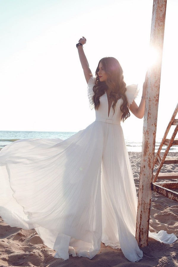 Vestido de novia de playa de verano con escote en V y mangas sin volantes de gasa