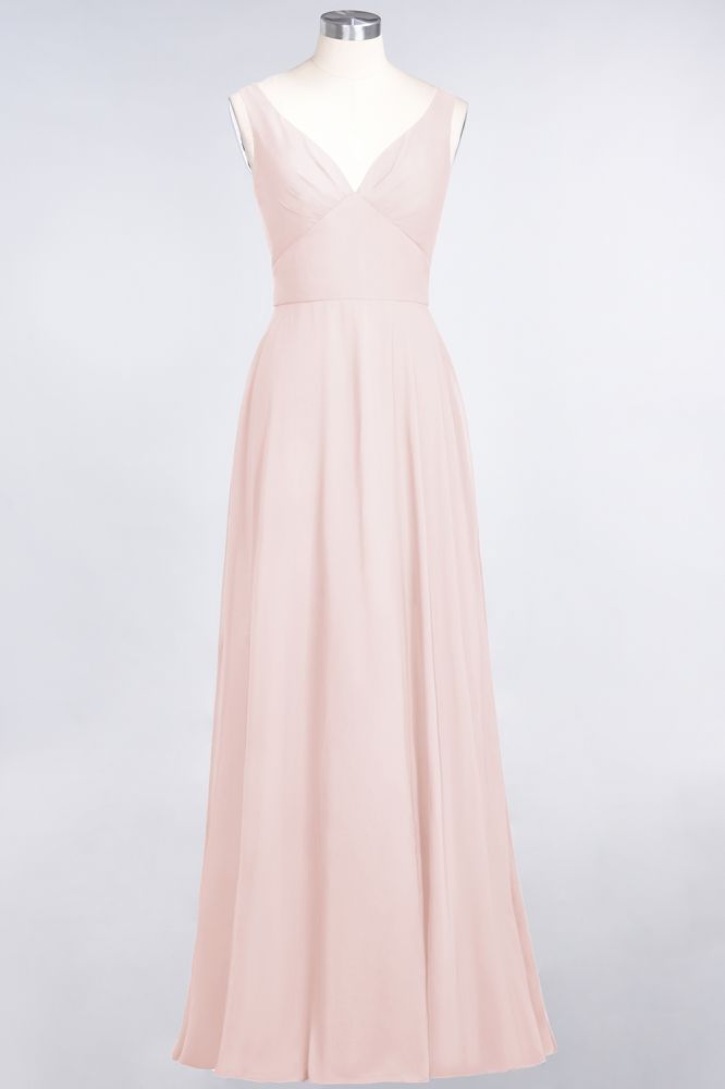 Vestido de dama de honor de gasa con escote en V, sin mangas, volantes, largo hasta el suelo y espalda abierta